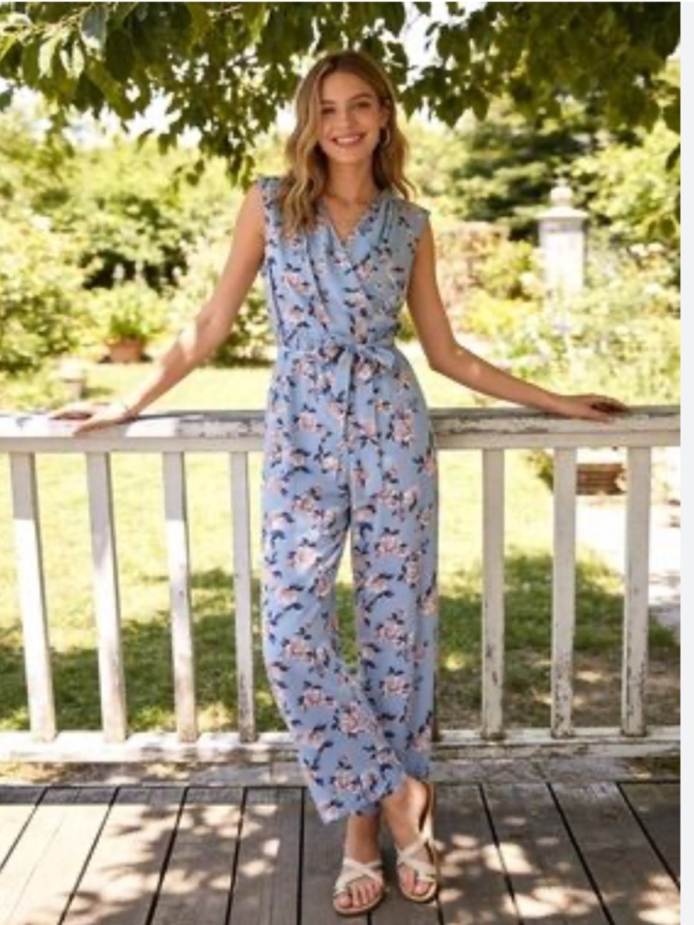 Lily Rose Light Blue Floral Sleeveless Jumpsuit pockets (Tie Belt not included)